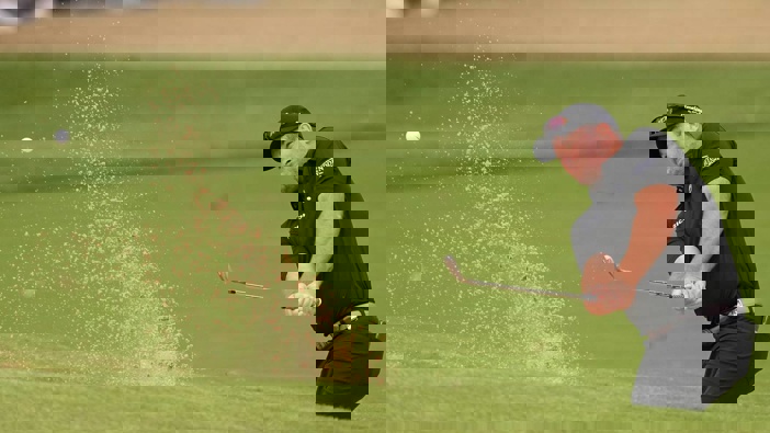 Ryan Fox hits from the bunker on the ninth hole during the final round of the PGA Championship. Photo / AP