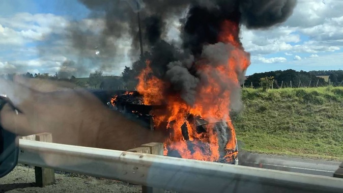 Emergency services are at the scene of a truck fire on the motorway near Bombay. Photo / Supplied