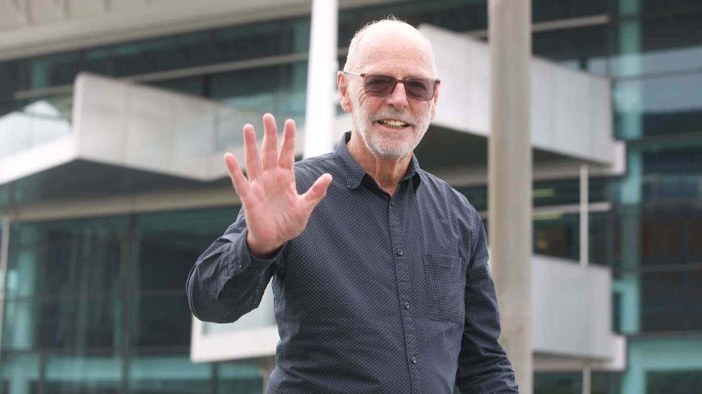 Wayne Brown addressing media at Karanga Plaza, Wynyard Quarter, today after progress results came in re-electing him as Auckland mayor. Photo / Jason Dorday.