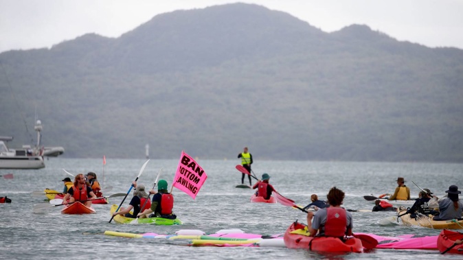Supporters at the Greenpeace ban Bottom Trawling protest in Mission Bay. Photo / Alex Burton