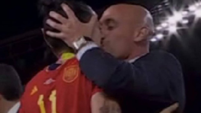 Spanish FA president Luis Rubiales kisses Jenni Hermoso. (Photo / NZ Herald)