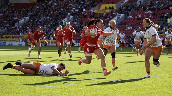 Canada's Alysha Corrigan in action during the Women's Rugby World Cup 2025 Quarter Final match between Canada and Australia at Ashton Gate on September 13, 2025 in Bristol, England. (Photo by Bob Bradford - CameraSport via Getty Images)