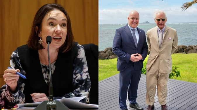 Labour's Ginny Andersen has apologised after sharing an image mocking King Charles’ trousers. Photos / Mark Mitchell, @christopherluxon