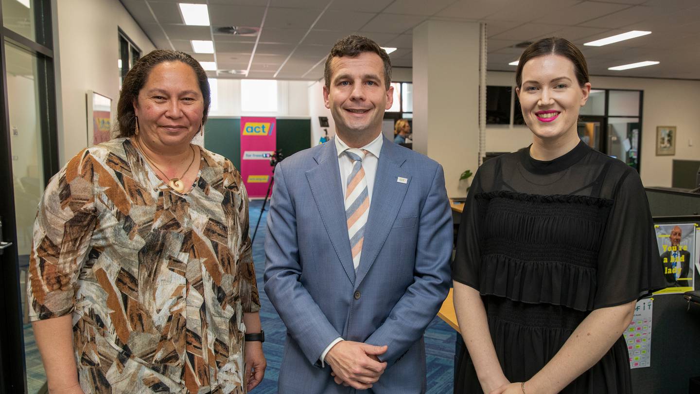 Act leader David Seymour (centre), deputy leader Brooke van Velden (right) and Nicole McKee hold the party's top three list ranking spots. Photo / Mark Mitchell