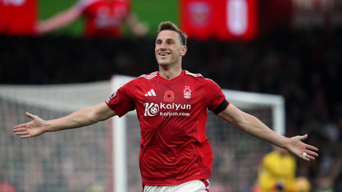 Chris Wood celebrates scoring his eighth goal of the season for Nottingham Forest. Photo / Getty Images