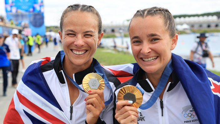 Lisa Carrington and Alicia Hoskin with their second gold medal won together. Photo / Photosport