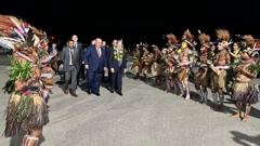 A NZ ministerial delegation, led by Deputy PM Winston Peters, are welcomed to Port Morseby, Papua New Guinea, last night. They are joined by PNG Foreign Affairs Minister Justin Tkatchenko. Photo / MFAT