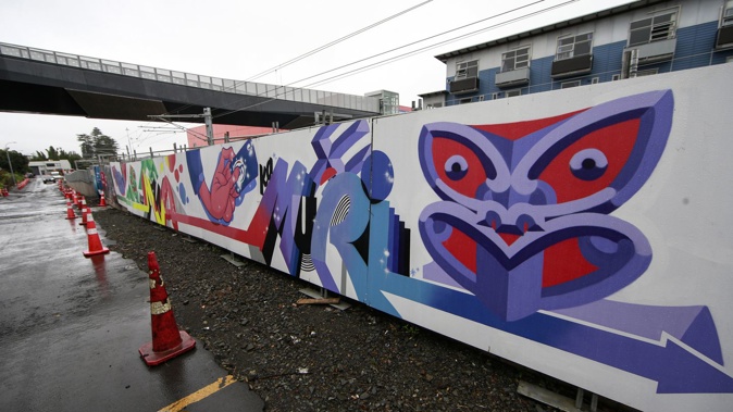 ‘Ka mua, ka muri', which translates to 'walking backwards into the future' - a new mural installation at Fenton Street. Photo / Alex Burton