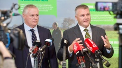 CEO Miles Hurrell and board chair Peter McBride hold a media standup. Fonterra announces $4.2 billon deal to sell Anchor, Mainland, to French dairy giant Lactalis. 22 August  2025 New Zealand Herald photograph by Jason Dorday