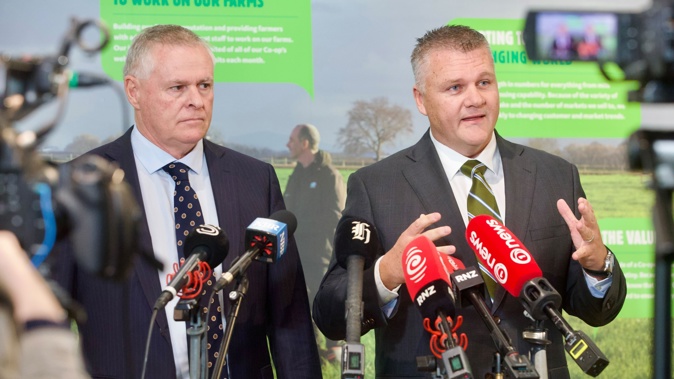 CEO Miles Hurrell and board chair Peter McBride hold a media standup. Fonterra announces $4.2 billon deal to sell Anchor, Mainland, to French dairy giant Lactalis. 22 August 2025 New Zealand Herald photograph by Jason Dorday