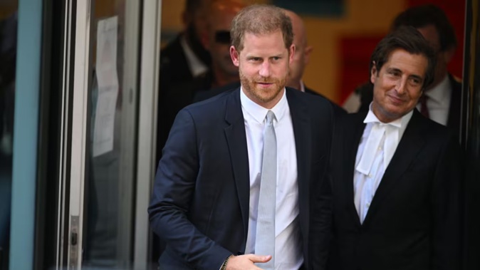 Prince Harry, Duke of Sussex, and barrister David Sherborne leave after giving evidence at the Mirror Group Phone hacking trial at the Rolls Building at High Court on June 7, 2023 in London. Photo / Getty Images