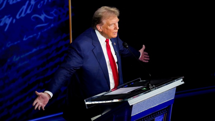 Former US President Donald Trump during the second presidential debate at the Pennsylvania Convention Center in Philadelphia, Pennsylvania, US, on Tuesday, Sept. 10, 2024. Photographer: Doug Mills/The New York Times/Bloomberg via Getty Images