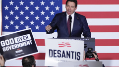 FILE - Republican presidential candidate Florida Gov. Ron DeSantis speaks to supporters during a caucus night party, Jan. 15, 2024, in West Des Moines, Iowa. DeSantis has suspended his Republican presidential campaign after a disappointing showing in Iowa's leadoff caucuses. He ended his White House bid Sunday, Jan. 21, after failing to meet lofty expectations that he would seriously challenge former President Donald Trump. (AP Photo/Charlie Neibergall, File)