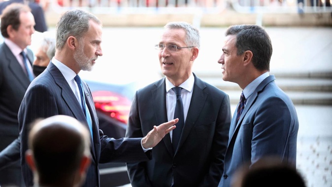 Nato Secretary General Jens Stoltenberg (centre) with Spain's King Felipe VI (left) and Spanish Prime Minister Pedro Sanchez. Photo / AP