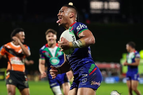 Leka Halasima celebrates scoring against the Wests Tigers. Photo / Photosport