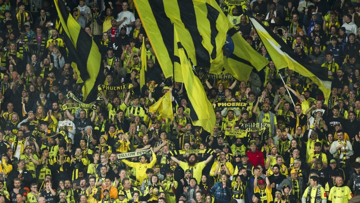 Fans show their support during the A-League Men Semi Final match between Wellington Phoenix and Melbourne Victory at Sky Stadium, on May 18, 2024, in Wellington, New Zealand. (Photo by Hagen Hopkins/Getty Images)