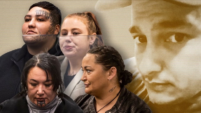 Rau Tongia, 33, was found dead in a Wellington home in December 2020. Shayde Carolyn Weston (back left), Breeze Hunt-Weston, Louise Kelly Hume, (front left), and Pania Ella Waaka are on trial for his murder.