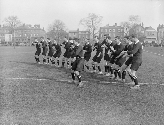 The team of 1916 perform a haka - we've come a long way from this jersey