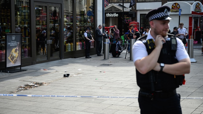 A police officer stands near a cordoned area following a doublestabbing at Leicester Square on August 12, 2024 in London, England. Photo / Leon Neal/Getty Images