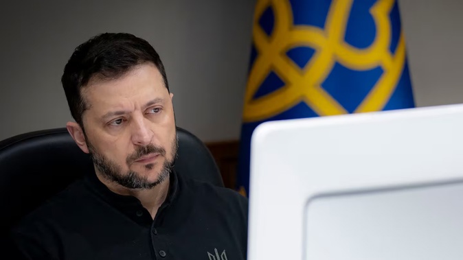 Ukraine's President Volodymyr Zelensky attends a meeting with international leaders hosted by British Prime Minister to discuss support for Ukraine via a video call at his office in Kyiv. Photo / AFP