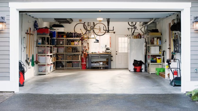 A garage with bikes, fridge and other household items. Photo / Getty Images