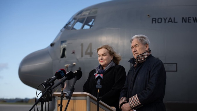 Minister of Defence Judith Collins and Minister of Foreign Affairs Winston Peters announce an operation to assist New Zealanders stranded in Iran and Israel. RNZAF Base, Whenuapai, Auckland. 22nd June 2025, NZME photograph by Sylvie Whinray