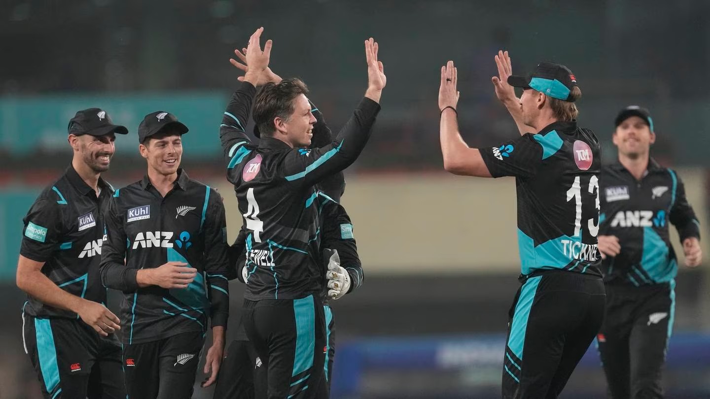 Michael Bracewell (C) celebrates the wicket of India's Ishan Kishan. Photo / AP