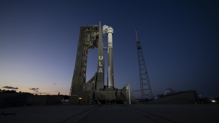 In this handout photo provided by NASA, A United Launch Alliance Atlas V rocket with Boeing's CST-100 Starliner spacecraft aboard is seen at sunset on the launch pad at Space Launch Complex 41 ahead of the NASA's Boeing Crew Flight Test on May 31, 2024 at Cape Canaveral Space Force Station in Florida. (Photo by Joel Kowsky/NASA via Getty Images)