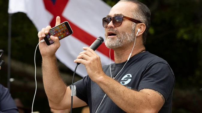 Billy Te Kahika addressing supporters during a protest rally held at Aotea Square, Auckland in 2021. (Photo / Brett Phibbs)