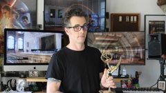 Ryan Cole with his Emmy for Outstanding Sound Editing For A Comedy Or Drama Series. Photo / Rosalie Willis