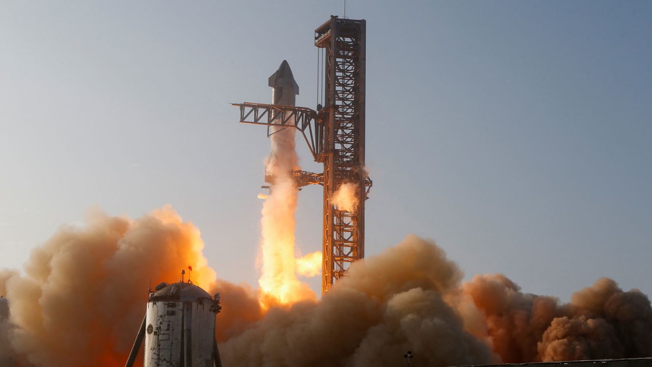 The Starship spacecraft, atop its Super Heavy rocket, lifts off on April 20 from SpaceX's launchpad on an uncrewed test flight before exploding, near Brownsville, Texas. Joe Skipper/Reuters