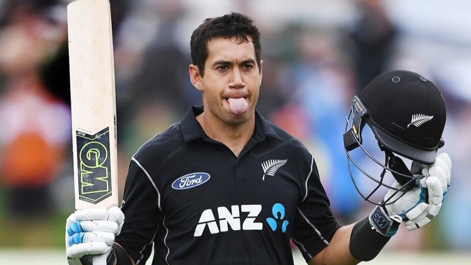 Ross Taylor celebrates scoring a century against England in Dunedin in 2018. Photo / Photosport