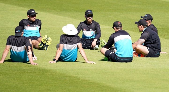 Kane Williamson (centre) with teammates during a nets session at Edgbaston. (Photo / Getty)