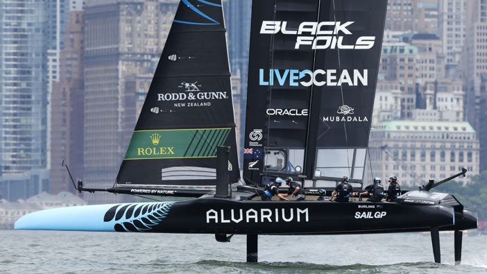 Team New Zealand competes during day two of competition of SailGP New York on June 23, 2024 in New York City. (Photo by Luke Hales/Getty Images)