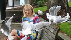 Dunedin city councillor Sophie Barker, flocked by red-billed gulls in the Octagon yesterday, says we need to learn to love our airborne neighbours. Photo / Stephen Jaquierry