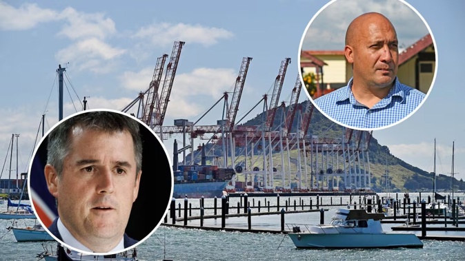 The Port of Tauranga's Stella Passage Development extension plans have stalled after a judicial order. Inset: Minister for Infrastructure and Minister Responsible for Resource Management Act Reform Chris Bishop (left) and Ngāti Kuku Hapū spokesman Joel Ngatuere. Photo / NZME