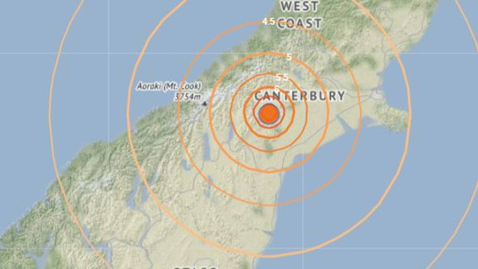 GeoNet map showing the epicentre and intensity contours from the earthquake this morning near Methven.