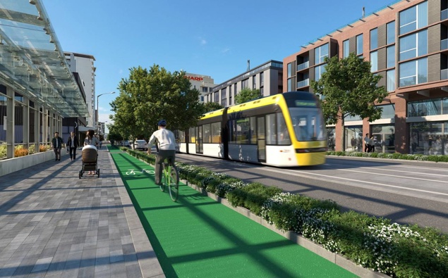 An artist's impression of how a mass transit route could look on Taranaki St. (Image / LGWM)