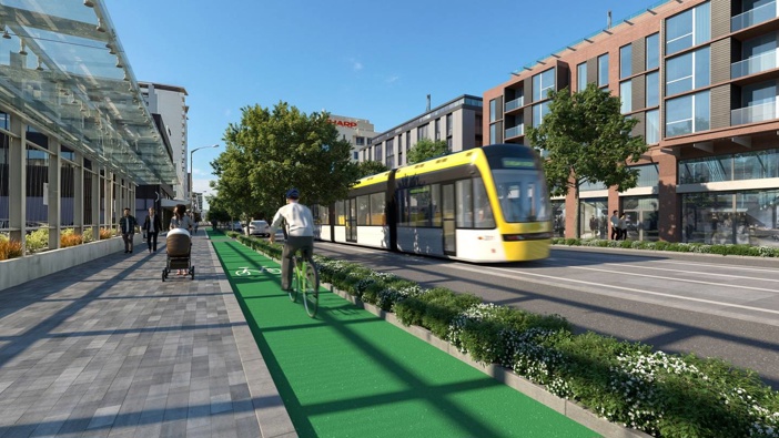 An artist's impression of how a mass transit route could look on Taranaki St. (Image / LGWM)