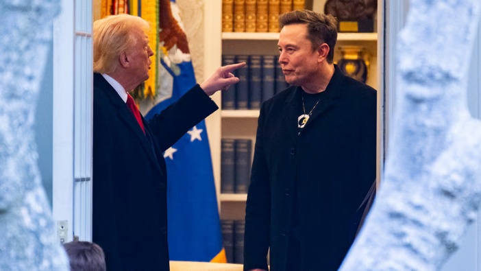 US President Donald Trump and Elon Musk speak in the White House. Musk has announced his departure from Doge. Photo / AFP