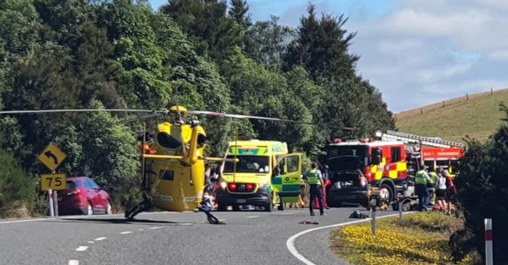 Emergency services at the scene of a serious crash on SH5 in Rangitaiki. 13 people were injured when a van collided with an SUV.