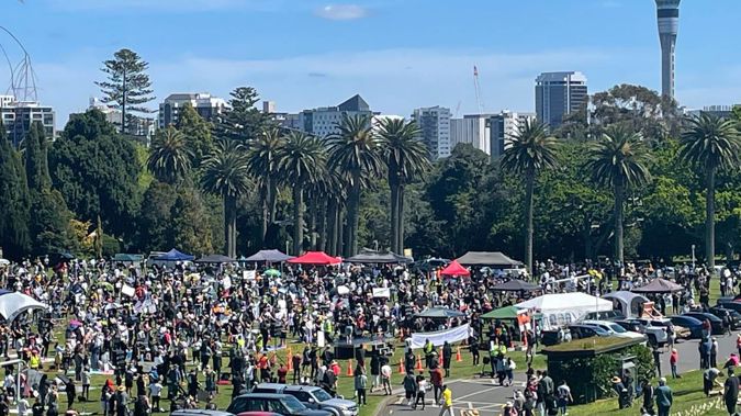 Thousands of protestors at the Auckland Domain on Super Saturday, October 16, 2021. (Photo / Herald)