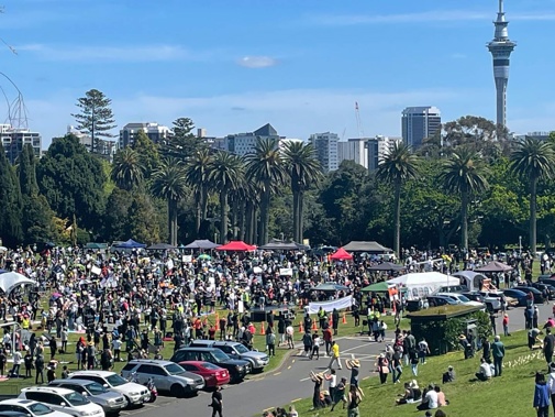 Thousands of protestors at the Auckland Domain on Super Saturday, October 16, 2021. (Photo / NZ Herald)