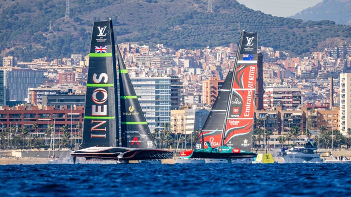 Emirates Team New Zealand and Ineos Britannia in race nine of the Louis Vuitton 37th America’s Cup in Barcelona, Spain on Saturday 19 October 2024. Photo / Photosport