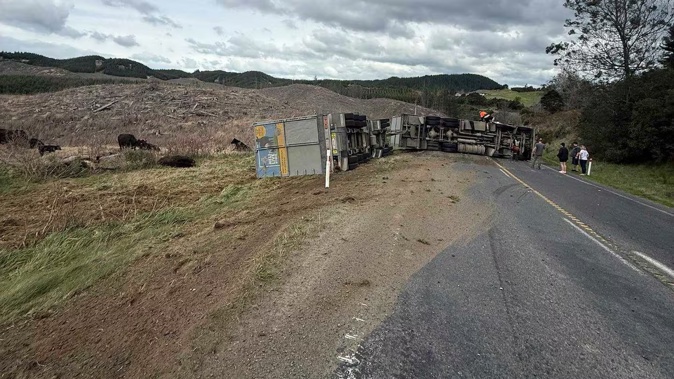 State Highway 5 near Te Pōhue is closed after a stock truck rolled, injuring one person. Image / Supplied