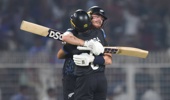 Finn Allen and Rachin Ravindra celebrate the semi-final win over South Africa. Photo / AFP