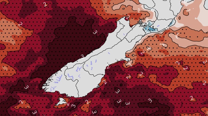 The latest sateliite observations show sea surface temperatures off the South Island's West Coast are running more than 3C - denoted in dark red - above average. Image / Supplied