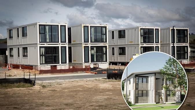 What the house modules look like now and an artist's impression of what they will look like when finished. Photo / Andrew Warner