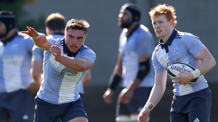 Cortez Ratima and Finlay Christie at All Blacks training. Photo / Getty Images