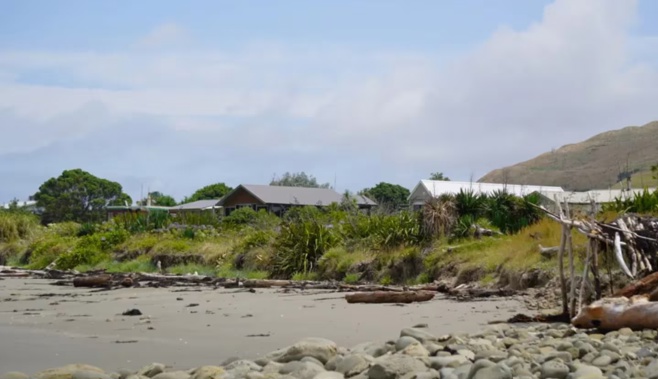 At Mahanga Beach, the dunes separate the beach from the road, with houses on the opposite side. Photo / RNZ/Kate Green